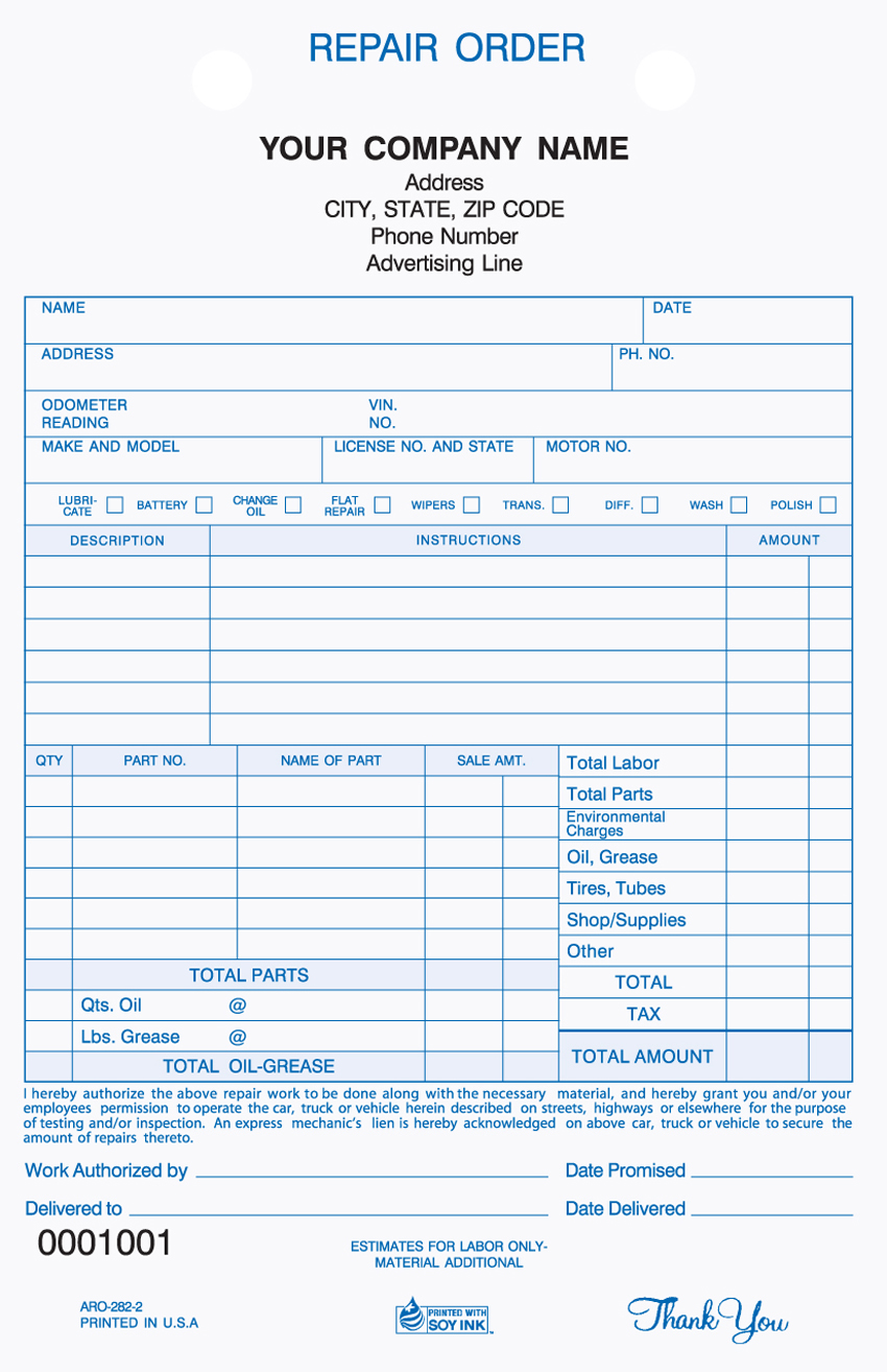 Auto Repair - Register Form - ARO-282 5.5"x8.5" -2 or 3 Part