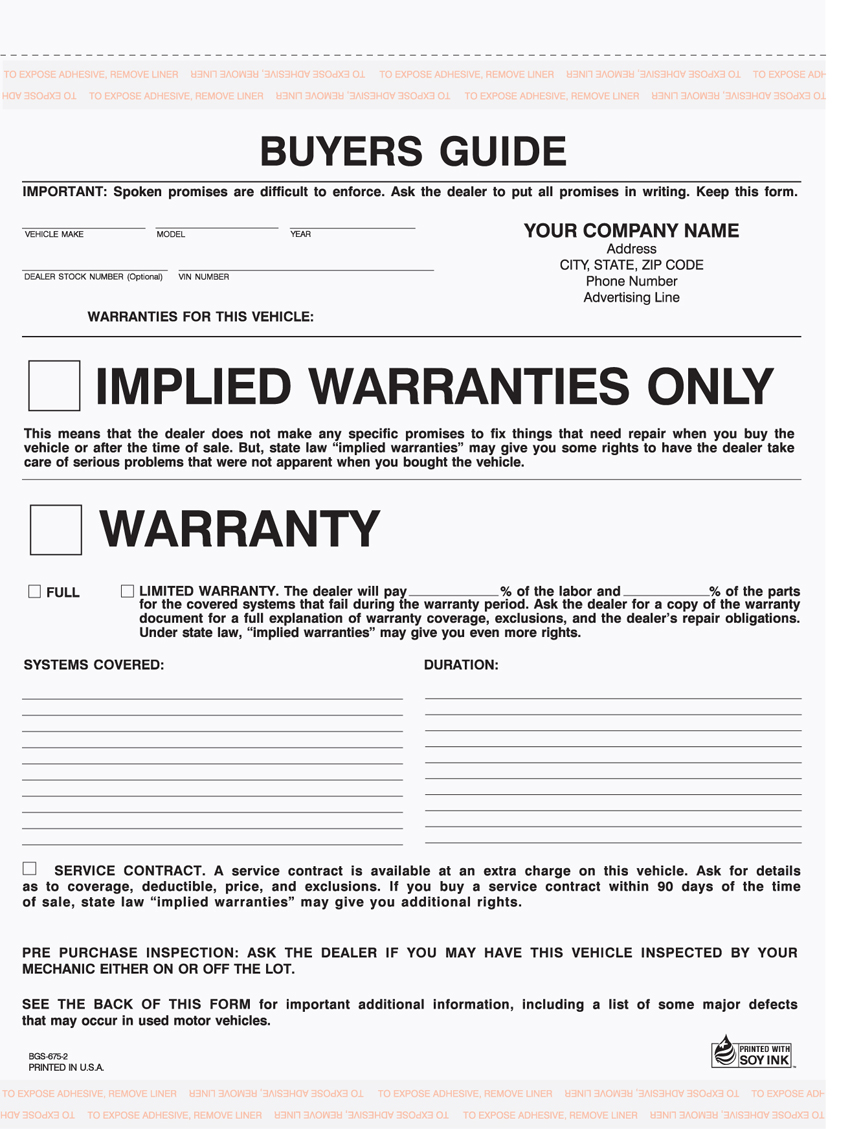 "Auto Buyer's Guide Warranty - Unit Set - BGS-675 - 8.5"x11" - 2