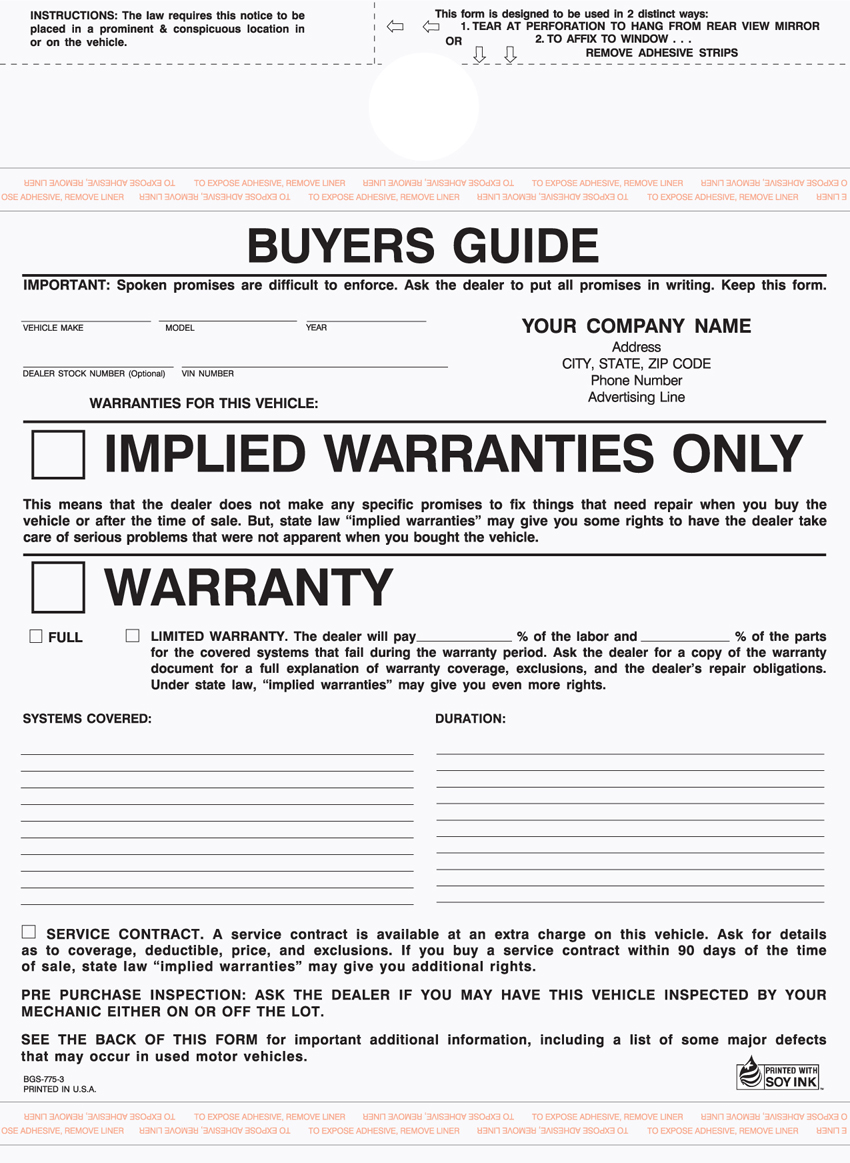 "Auto Buyer's Guide Warranty - Unit Set - BGS-775 - 8.5"x11" - 3