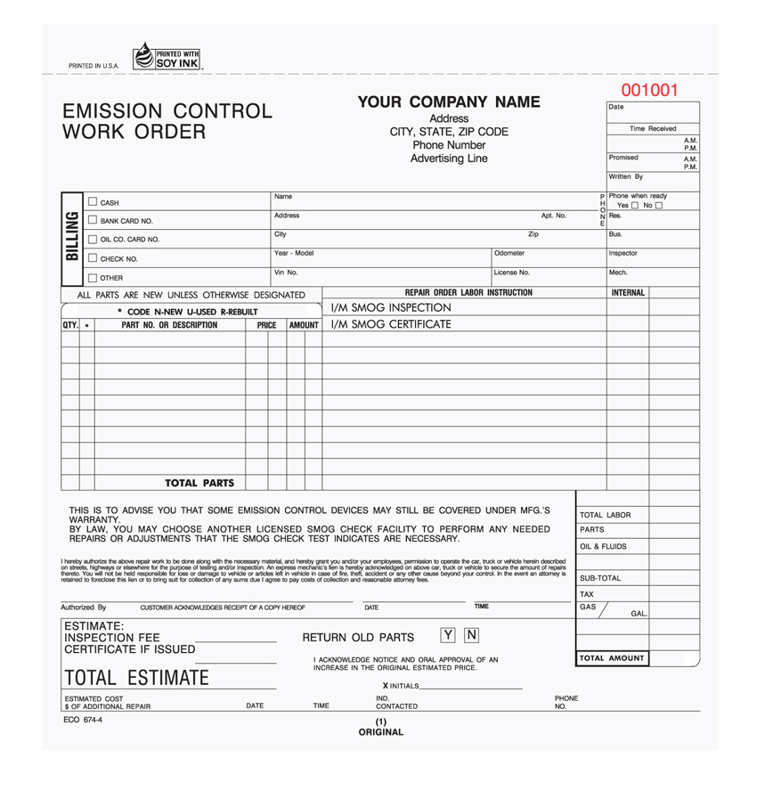 "Emission Control Work Order - Unit Set - ECO-674 - 8.5"x8.5" -