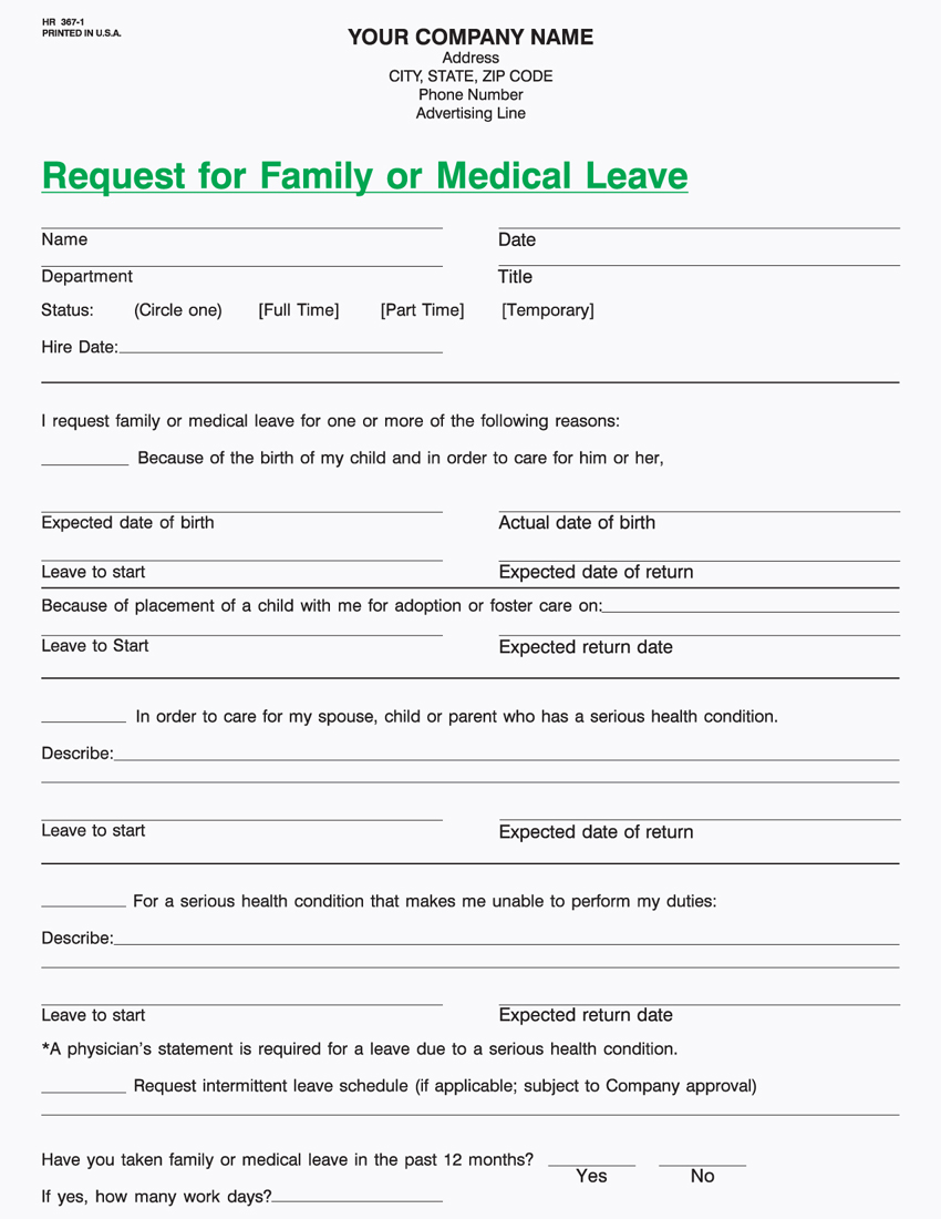 (image for) Request for Family or Medical Leave - 8.5 x 11 - 1 PART