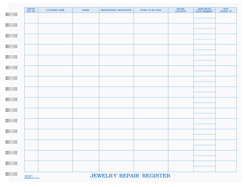 Jewelry Repair Registry - Wire Bound Book - 8.5" x 11" - 1 PART