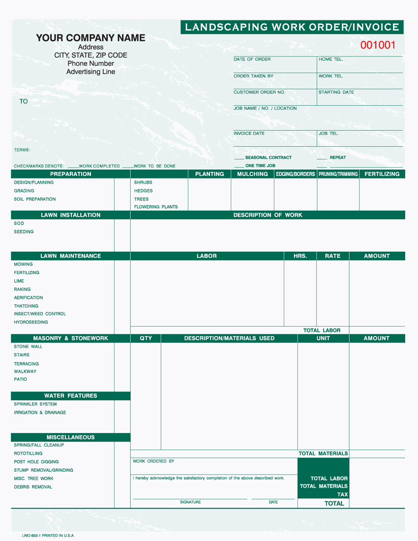 Landscaping Work Order/Invoice - 8.5" x 11" - 1 PART