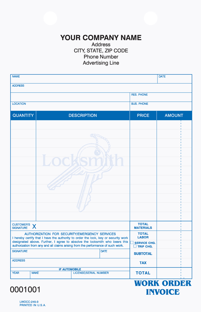 "Locksmith Work Order/Invoice - 5.5" x 8.5" - Register Form - 3