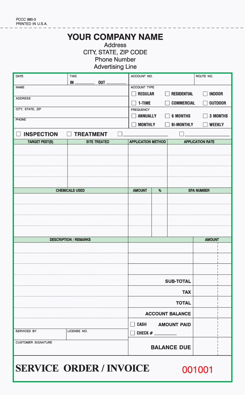 "Pest Control Service Order/Invoice - Unit Set - 5.66" x 8.5" -
