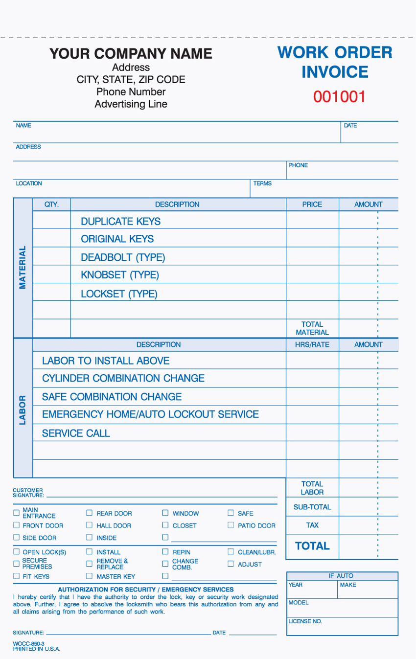 Locksmith Work Order/Invoice - 5.66" x 8.5" - Unit Set - 3 PART